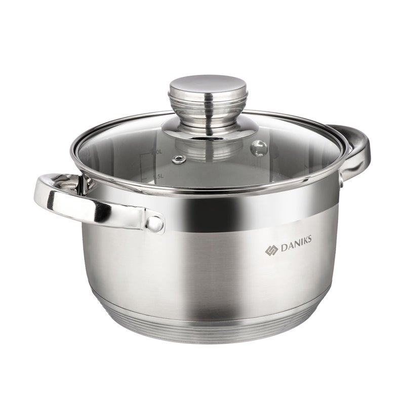 Daniks Standard 3 Quart Stainless Steel Stock Pot with Glass Lid, Try-Ply Bottom for Even Heating, Induction Compatible, Dishwasher Safe, Built-In Measuring Scale, Silver - Image 1